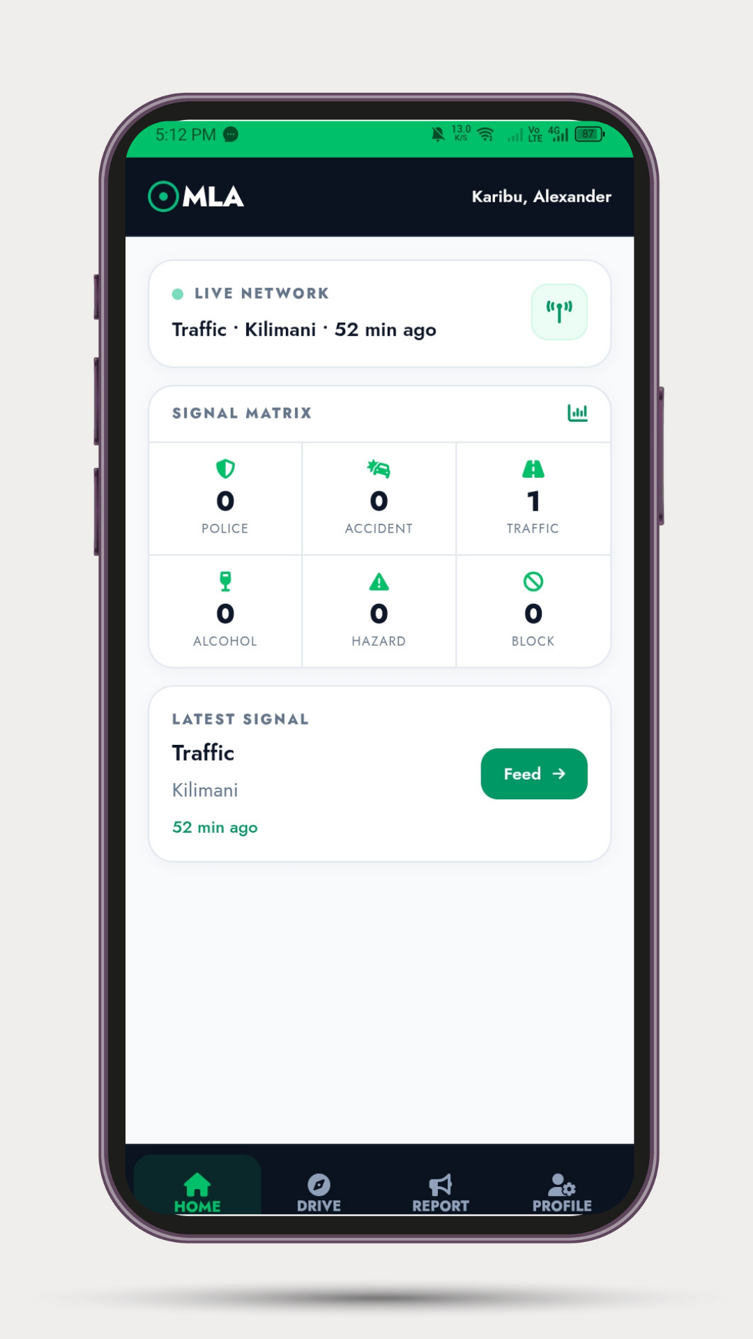 OMLA app showing real-time road intelligence, traffic alerts and community reports for drivers in Kenya.